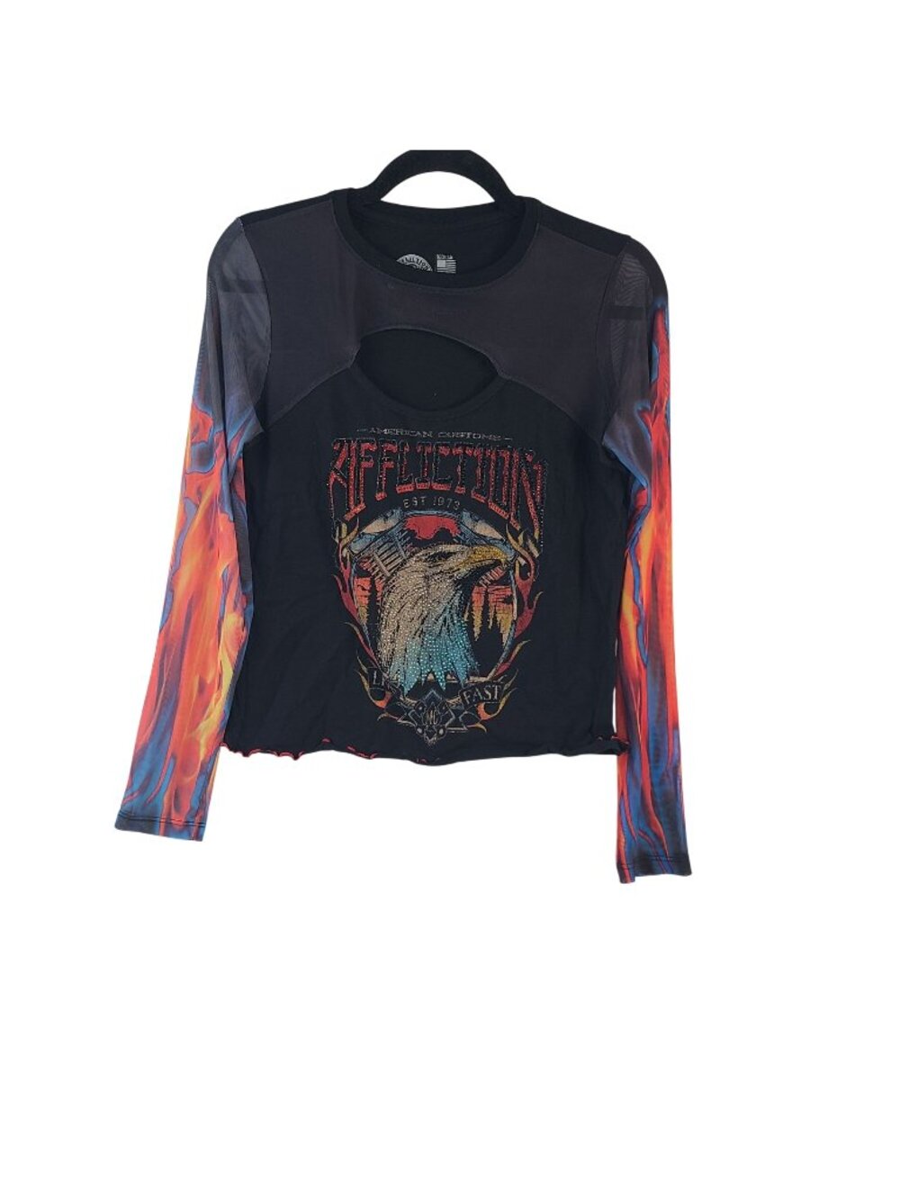 NEW Affliction Women's Long Sleeve Mesh Cutout Top With Flame Print Sleeves Sz M